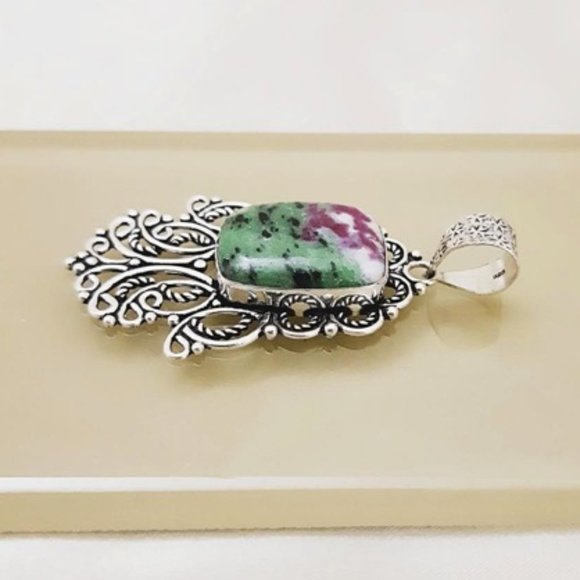 Ruby Zoisite (pd3) Pendant Natural Gems Green Purple Filigree Silver Art 2.5" L - Picture 7 of 10